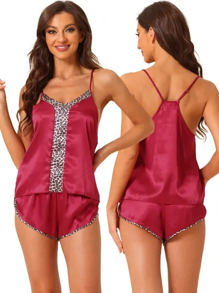 cheibear - Satin Leopard Cami Top with Shorts Lounge Set