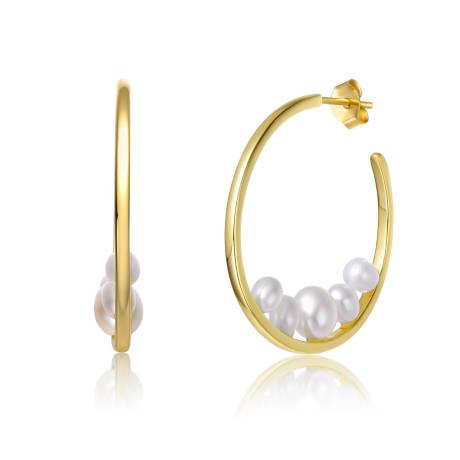 Genevive Sterling Silver 14k Yellow Gold Plated with White Pearl Cluster 3/4 C-Hoop Earrings