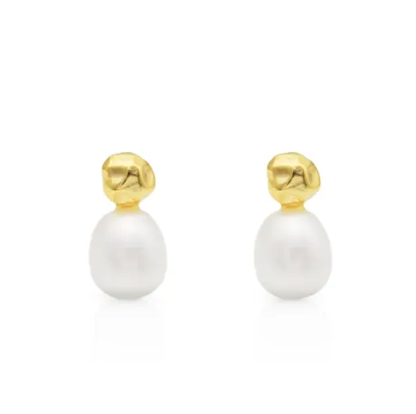 Boucles d'oreilles clous en argent sterling plaqué 18 carats en forme de perles de culture d'eau douce blanches- Signature Pearls
