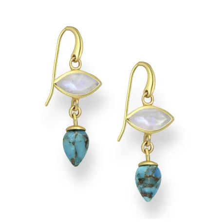 Boucles d'oreilles pendantes en argent sterling plaqué or 18 carats avec pierre de lune en marquise et turquoise- AG Sterling
