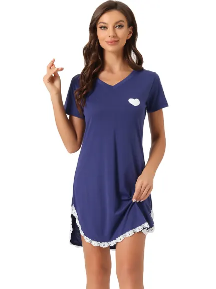 cheibear - Lace Trim Short Sleeves Lounge Nightgown