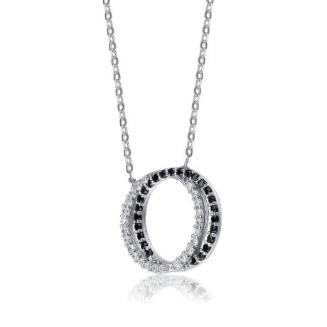 Genevive Sterling Silver White Gold Plating with Clear Cubic Zirconia Double Outlined Circle Neckalce