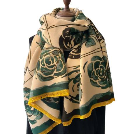 Warm and luxurious winter scarf with tonal roses in emerald- Don't AsK