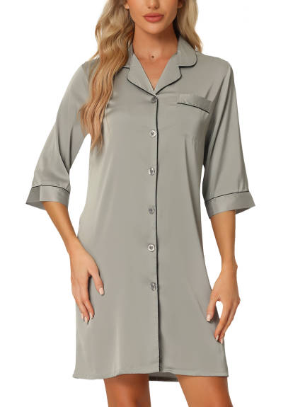 cheibear - 3/4 Sleeve Satin Dress Button Down Nightgown