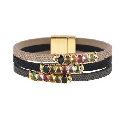 Bracelet à plusieurs brins en faux cuir marron et noir avec cristaux multicolores- Don't AsK