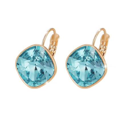 Boucles d'oreilles coussin en or avec des cristaux autrichiens de qualité turquoise clair.