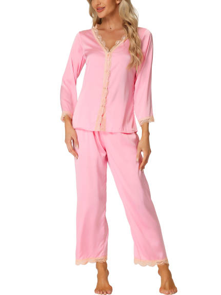 cheibear - Lace Trim Satin Pajama Sets
