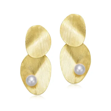 Genevive Sterling Silver 14k Yellow Gold Plated with Genuine Freshwater Pearl Unique Dangle Earrings