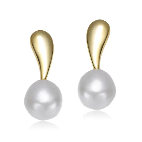 Sterling Silver 14k Gold Plated with Genuine Freshwater Round Pearl Stud Earrings