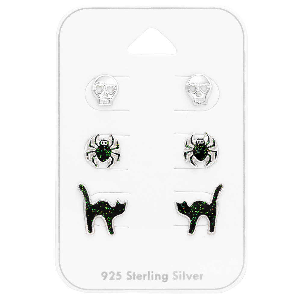 Sterling Silver Halloween Set of 3 Stud Earrings  - Ag Sterling