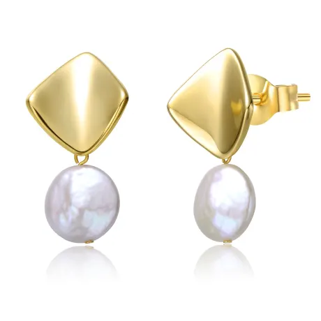Genevive Sterling Silver 14k Yellow Gold Plated with White Coin Pearl Drop Double Dangle Geometric Earrings