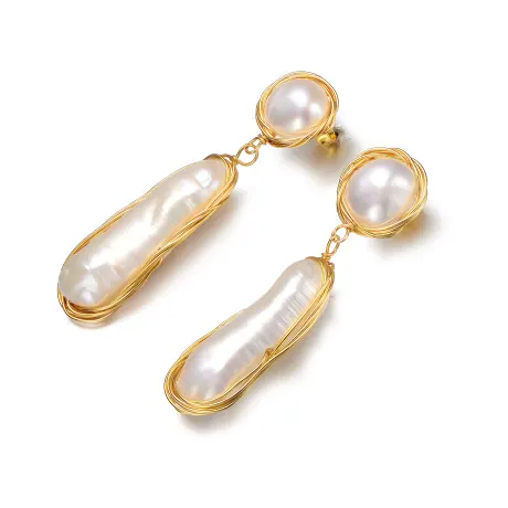 Genevive Sterling Silver with 14k Gold Plated Genuine Freshwater Pearl Dangling Earrings