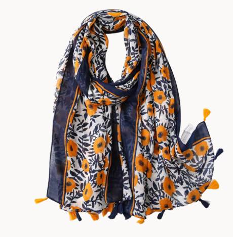Yellow and Navy Poppy Scarf with Tassels - Don't AsK