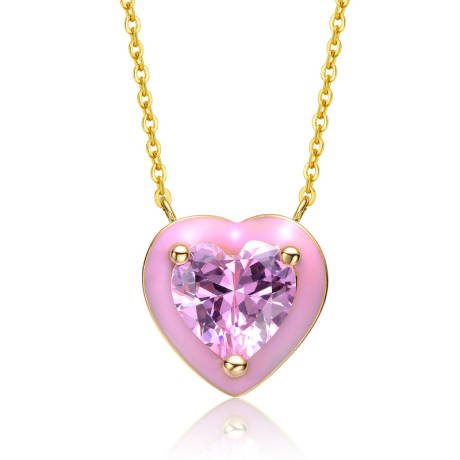 Rachel Glauber 14k Yellow Gold Plated with Pink Cubic Zirconia Pink Enamel Heart Pendant Necklace