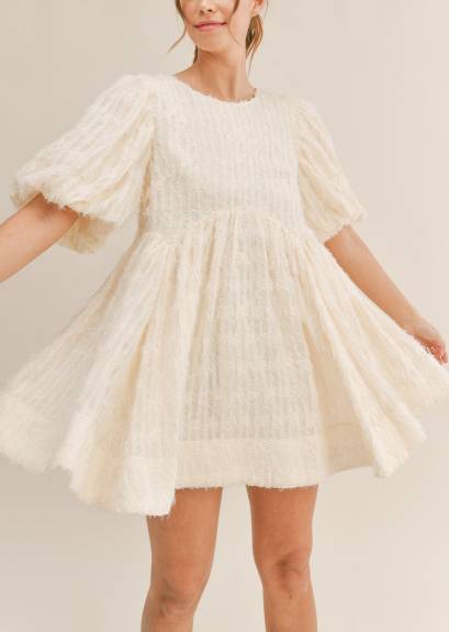 Evercado - Puff Sleeve Textured Babydoll Mini Dress
