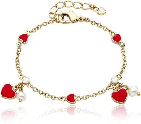 Rachel Glauber 14k Yellow Gold Plated with Red Enamel Heart & Pearl Dangle Charm Bracelet