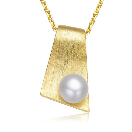 Genevive Sterling Silver 14k Yellow Gold Plated with Genuine Freshwater Pearl Rectangle Pendant Necklace