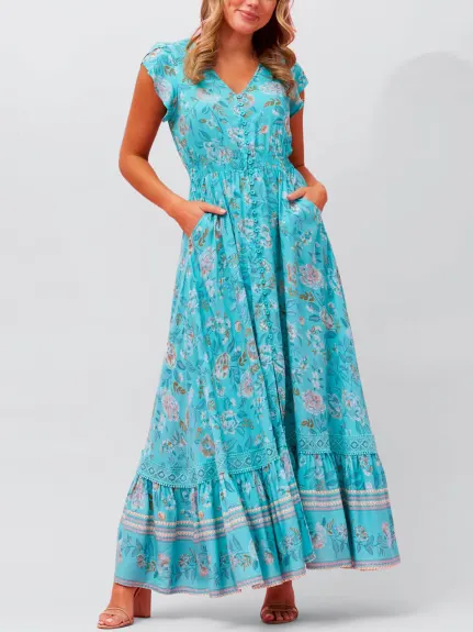 Annick - Larissa Maxi Dress Floral Print Front Slit Blue
