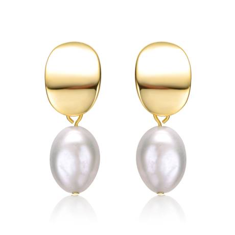 Genevive Boucles d'oreilles pendantes en argent sterling plaqué or jaune 14 carats avec médaillon ovale en perles blanches
