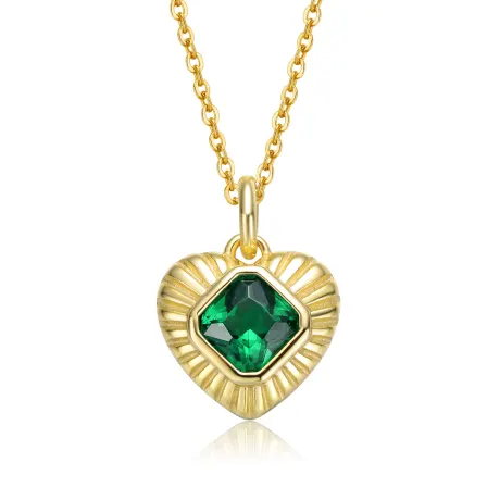 Genevive Sterling Silver 14k Yellow Gold Plated with Emerald Cubic Zirconia Sunray Heart Pendant Necklace