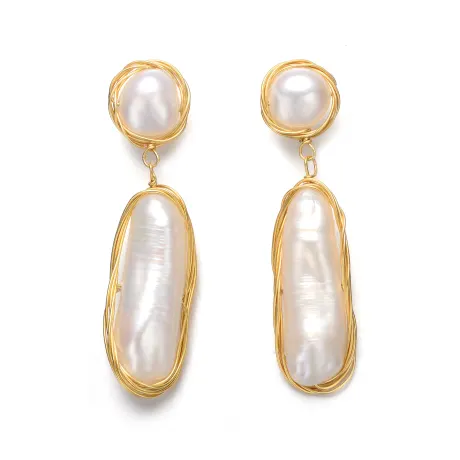 Genevive Boucles d'oreilles pendantes en argent sterling avec véritables perles d'eau douce plaquées or 14 carats