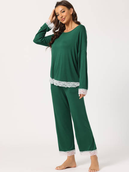 cheibear - Lace Trim Soft Shirt and Pants Sleepwear 2pcs