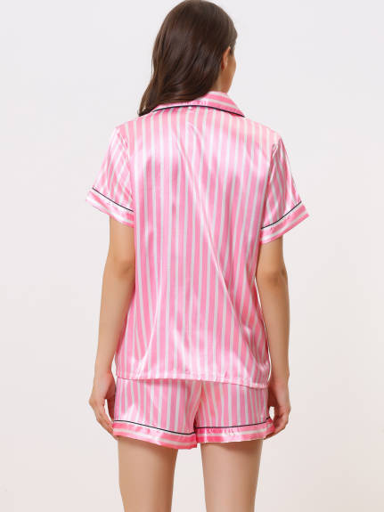 cheibear - Button Down Shirt and Pants Contrast Sleepwear Set