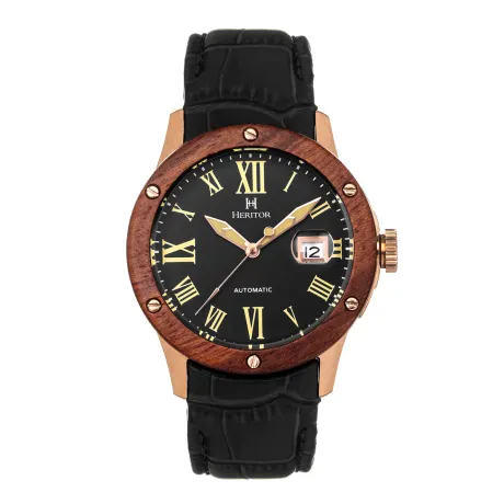 Heritor Automatic - Everest Wooden Bezel Leather Band Watch /Date  - Rose Gold/Blue