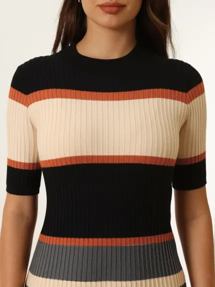 Hobemty- Short Sleeve Striped Knit A-Line Midi Dress