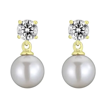Genevive Sterling Silver White,Gold,Grey or Yellow Plated Pearl And Cubic Zirconia Drop Earrings