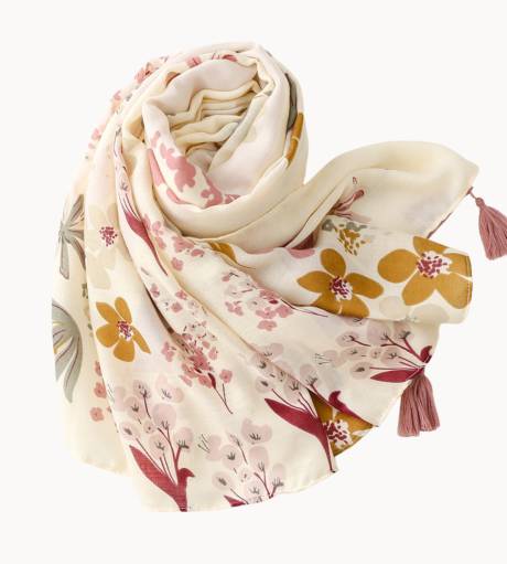 Ivory and Dusty Rose Vintage Floral Scarf with Tassel - Don't AsK