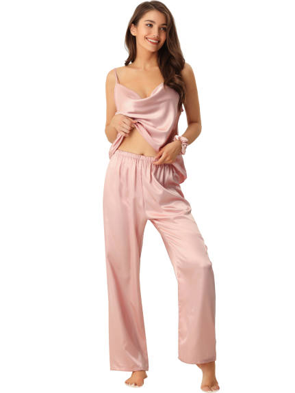 cheibear - Ensemble pyjama en satin avec haut caraco et pantalon à col bénitier