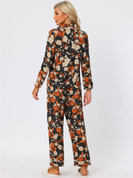 cheibear - Floral Sleep Shirt Long Pants Satin Pj Sets