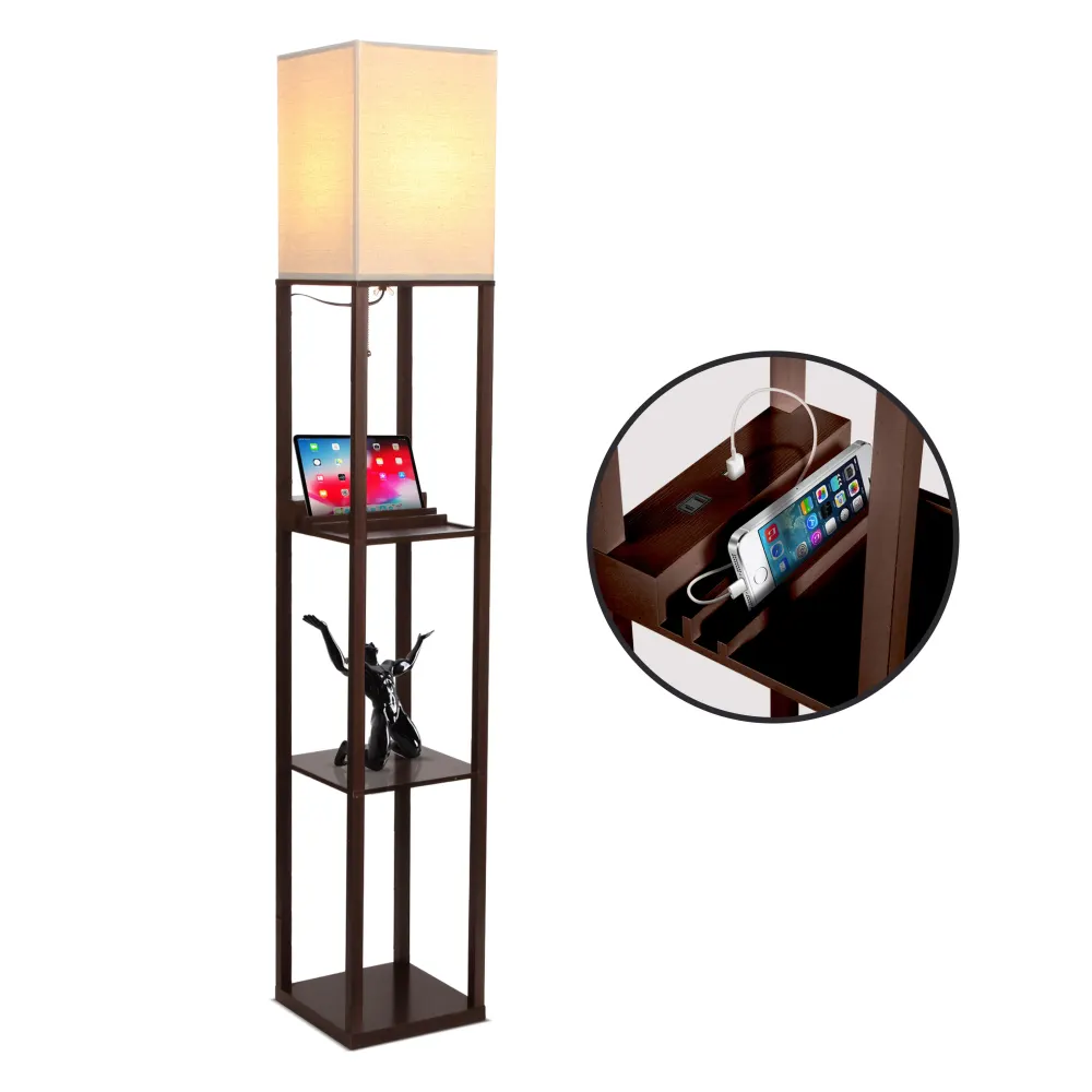 Maxwell Shelf & Led Floor Lamp With Lantern Shade, Usb Port, And Outlet