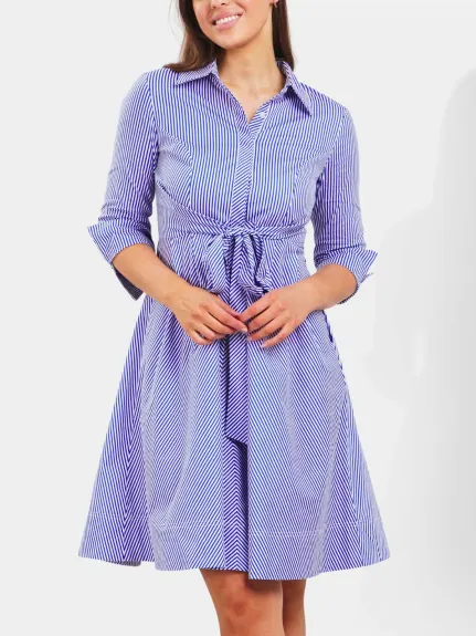 Tania Shirt Dress Twist Waist Tie Pockets Cotton Striped Blue