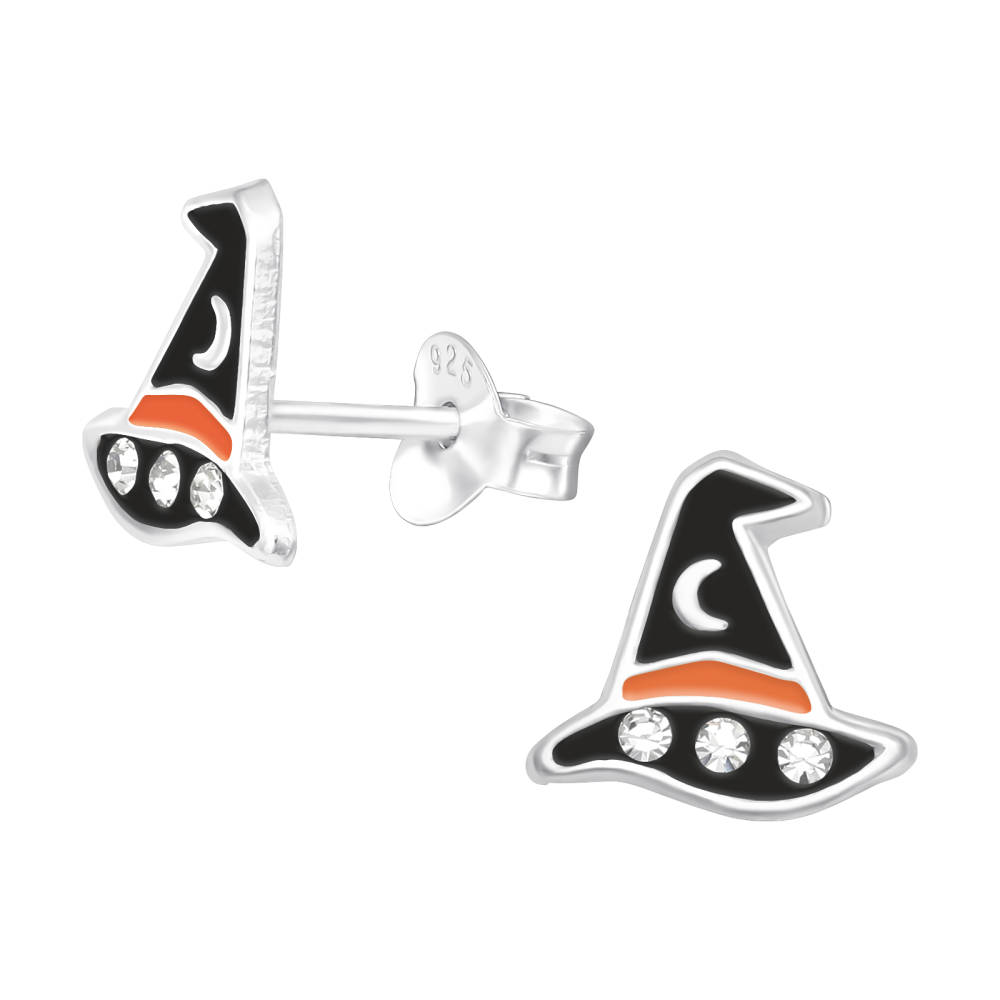 Sterling Silver  CZ Black Witchs Hat Stud Earrings  - Ag Sterling