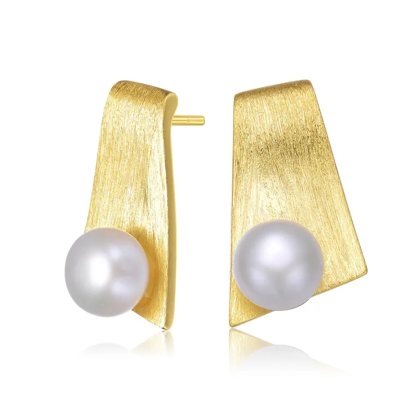 Sterling Silver 14k Gold Plated with Genuine Freshwater Round Pearl trapezoid-shaped Earrings