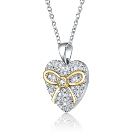 Genevive Sterling Silver Two Tone And Clear Cubic Zirconia Heart Necklace
