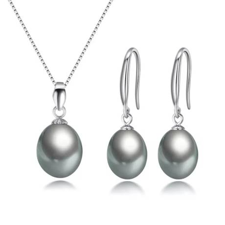 Ensemble de boucles d'oreilles et collier classiques en perles de culture d'eau douce grises- Signature Pearls