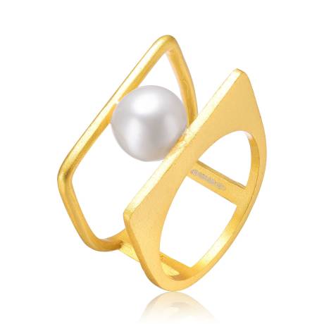 Genevive 14k Gold Plated with White Genuine Freshwater Pearl Double Band Geometric Square Stacked Ring, Sz 6