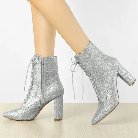 Allegra K- Glitter Pointed Toe Block Heel Ankle Boots