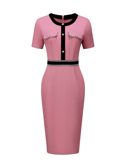 Hobemty- Short Sleeve Contrast Color Pencil Dress