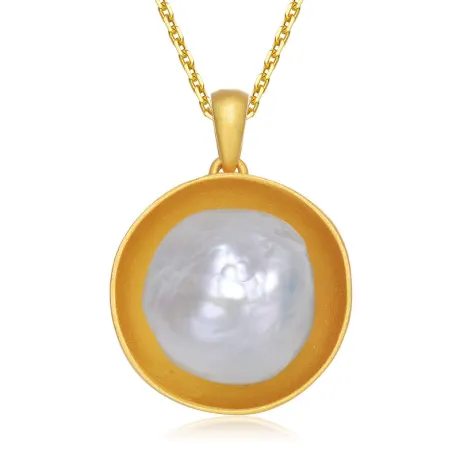 Collier pendentif rond en argent sterling plaqué or 14 carats avec véritables perles d'eau douce