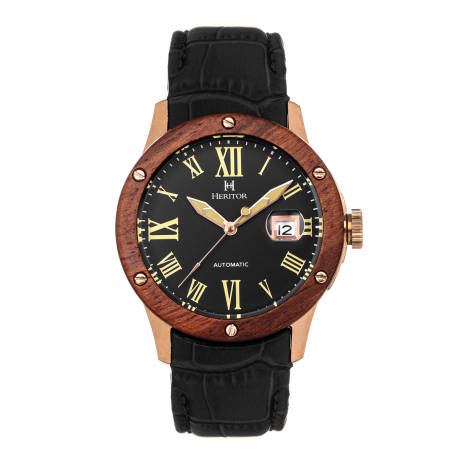 Heritor Automatic - Everest Wooden Bezel Leather Band Watch /Date  - Rose Gold/Blue