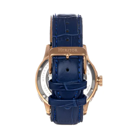 Heritor Automatic - Montre Everest avec lunette en bois et bracelet en cuir / Date - Or rose/Bleu