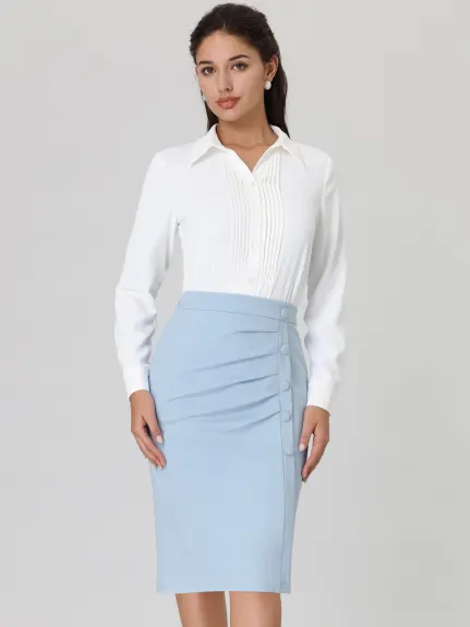 Hobemty- High Waist Pleated Front Midi Pencil Skirt