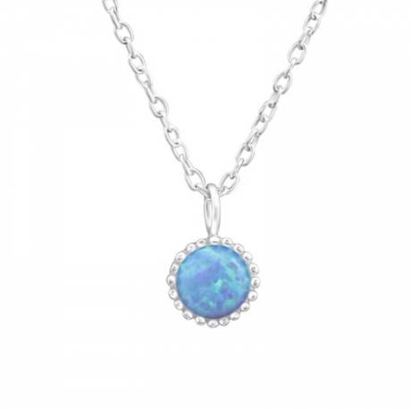 Sterling Silver Blue Opal Dainty Circle Pendant Necklace - Ag Sterling
