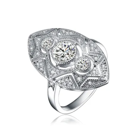Genevive Sterling Silver White Gold Plating with Clear Round Cubic Zirconia Filigree Ring