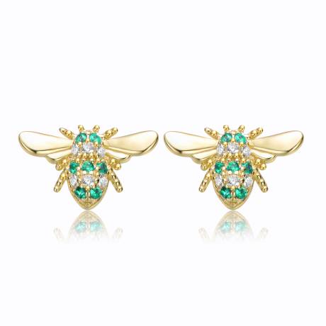 Genevive Sterling Silver 14k Yellow Gold Plated with Emerald or Yellow Cubic Zirconia Pave Wasp Stud Earrings