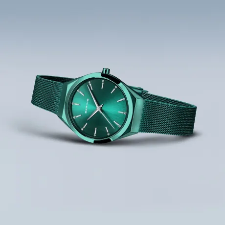 BERING - 40mm Ladies Ultra Slim Stainless Steel Watch In Dark Green/Dark Green